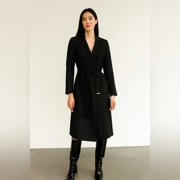 layefe wool blend Black Long Sleeve Belted Coat open - Picture 1 of 8